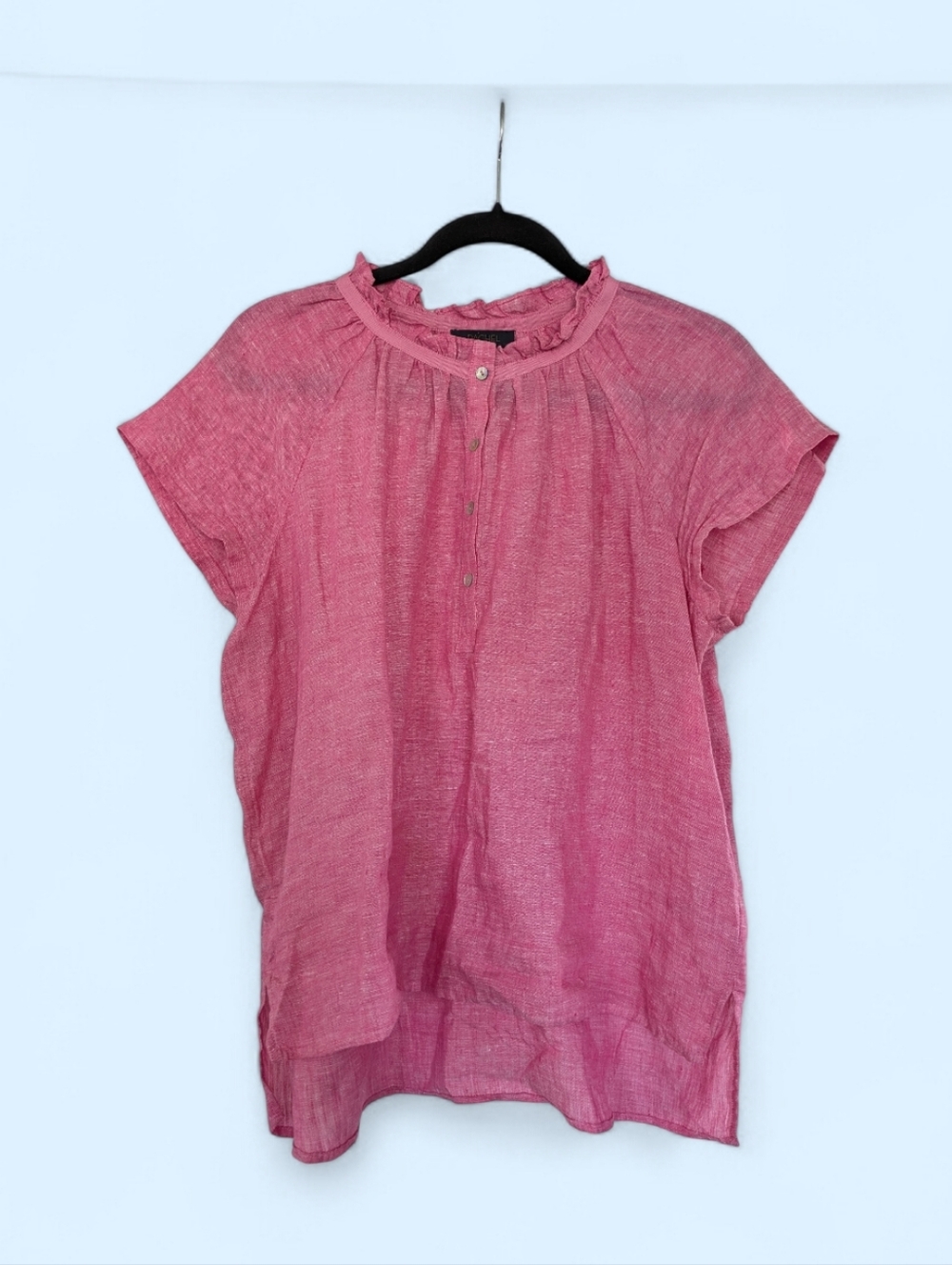 Rachel Zoe Womens Linen Pink Popover Top Button Short Sleeve Blouse Tunic M